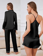 SAPJON Satin Silk Pajamas for Women Set 5PCS Classic Button Down Pajamas Top and Pants Cami and Ruffle Shorts Sleepwear
