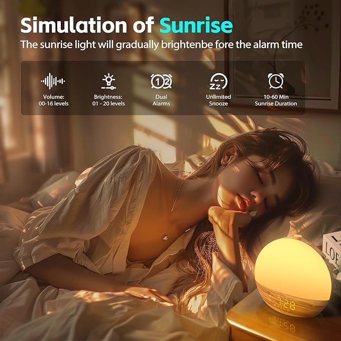 Geuuap Wood Grain White Noise Sound Machine Sunrise Alarm Clock with 25 Soothing Sounds, 17 Dimmable Night Lights, Bluetooth Speaker Wake Up Light alarm clocks for bedrooms, Heavy Sleepers, Baby, Kids