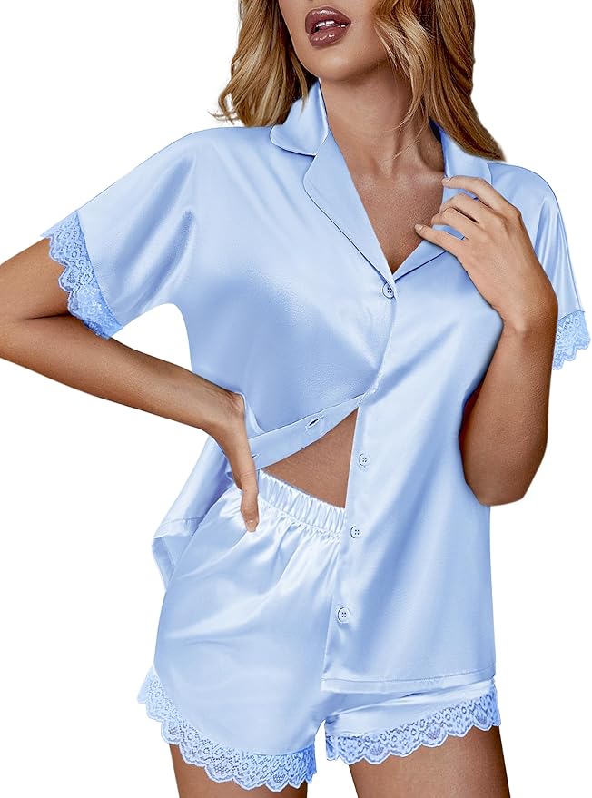 Ekouaer Womens Lace Satin Pajama Set Button Down Pj Shorts Set Bridesmaids Getting Ready Outfits Casual Sleepwear XS-XXL