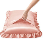 Silky Satin Ruffled Pillow Cases for Hair and Skin,Rose Gold Silk Pillowcases Standard Set of 2 with Envelope Closure Princess Room Decoration