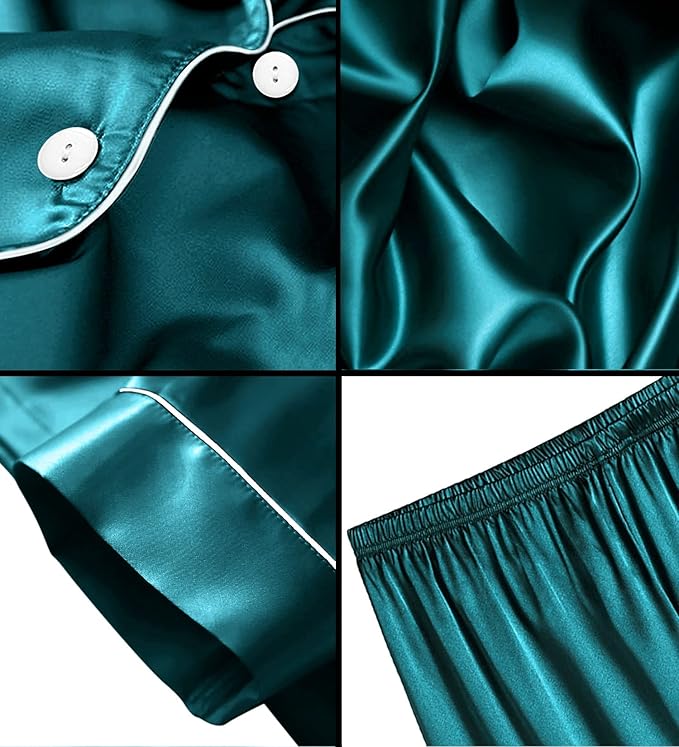 SWOMOG Satin Matching Pajamas Sets Couple Silk Button Down Nightwear Women & Men Short Sleeve Sleepwear 2 Pieces Loungewear