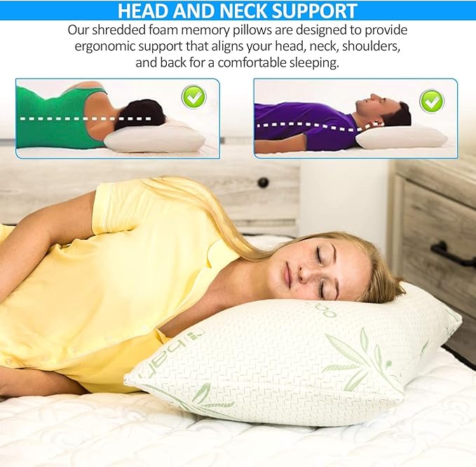 King Size Rayon Derived from Bamboo Pillow, Cooling Shredded Memory Foam Bed Pillows Sets for Back, Stomach, Side Sleepers, Adjustable Soft Firm, Washable Cover, King (Pack of 1)