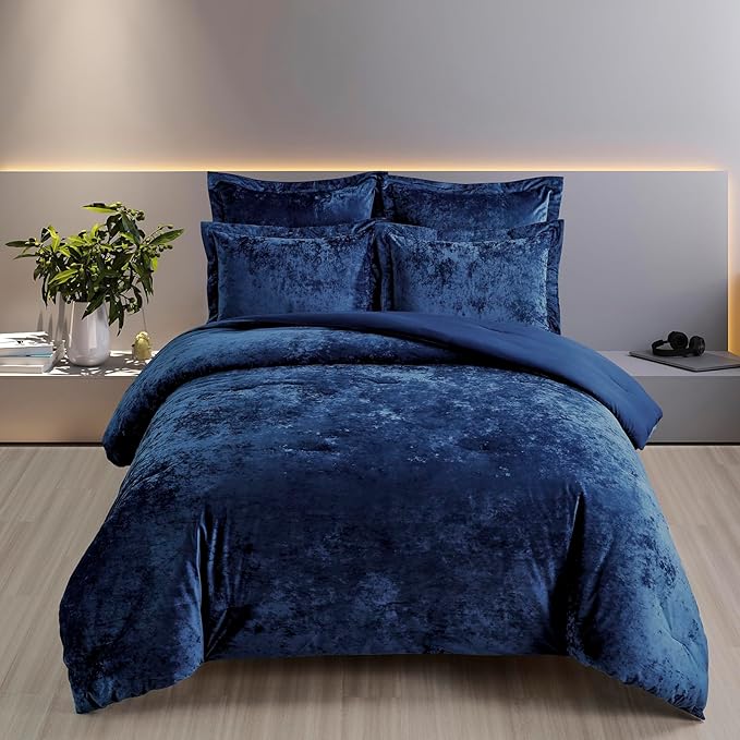 Fredsure Distressed Velvet Comforter Set, 5 Pieces Navy Queen, Distressed Velvet Face and Brushed Microfiber Reverse