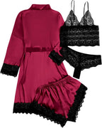WDIRARA Women' Silk Satin Pajamas Set 4pcs Lingerie Floral Lace Cami Sleepwear with Robe