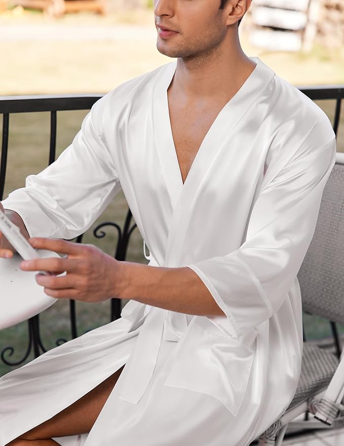 Ekouaer Mens Satin Robe Lightweight Silky Kimono Bathrobe 3/4 Sleeve Spa Knee Length Loungewear with Pockets S-3XL