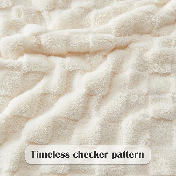 NEWCOSPLAY Super Soft King Blanket Ivory Premium Silky Flannel Fleece 3D Checkered Lightweight Bed Blanket All Season Use (Ivory Checkered, King(90"x110"))