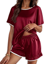 Ekouaer Satin Pajama Set for Women 2 Piece Silk Pjs Soft Short Sleeve Sleepwear Top with Ruffle Shorts S-XXL