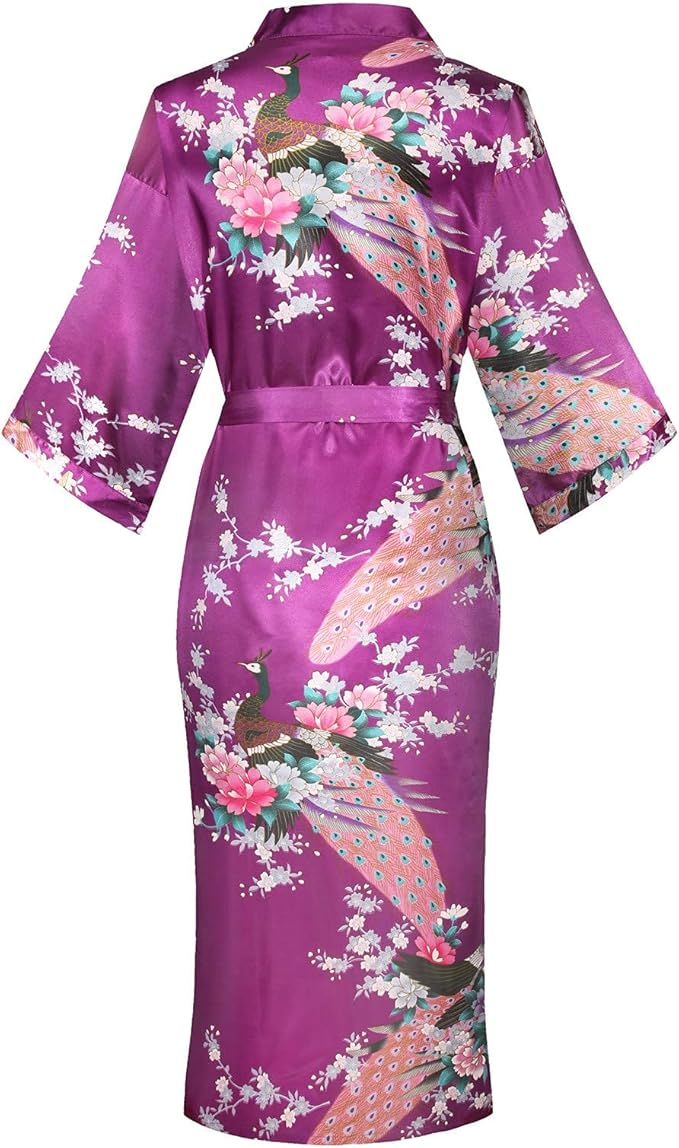 Valennia Women Long Silky Bathrobe Satin Kimono Robe Floral Printed Dressing Gown Sleepwear