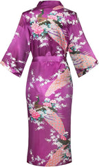 Valennia Women Long Silky Bathrobe Satin Kimono Robe Floral Printed Dressing Gown Sleepwear