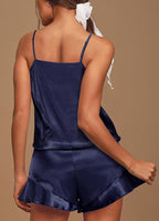 Aamikast Womens Silk Satin Pajama Sets Sexy Cami Ruffled Shorts Sets 2 Piece Pjs Sleepwear