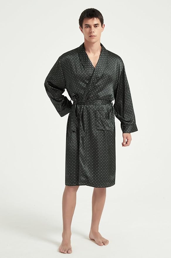 Men's 100% Mulberry Silk Long Robe Kimono Paisley Print Bath Robe, Heavy Silk 19 Momme Dressing Gown