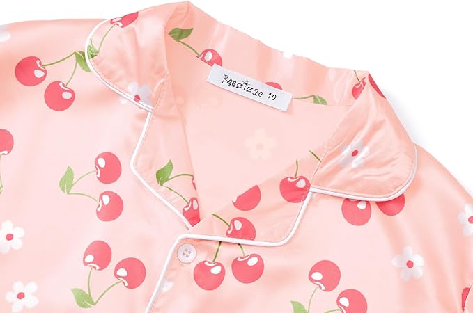 Beezizac Little & Big Girls Satin Silky Button Pajama Summer Short Sleeves Set Trendy Outfit Kid Size 6-16