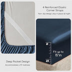 MR&HM Satin Bed Sheets with Elastic Corner Straps, King Size Sheets Set, 4 Pcs Silky Bedding Set with 15 Inches Deep Pocket for Mattress (King, Mood Indigo)