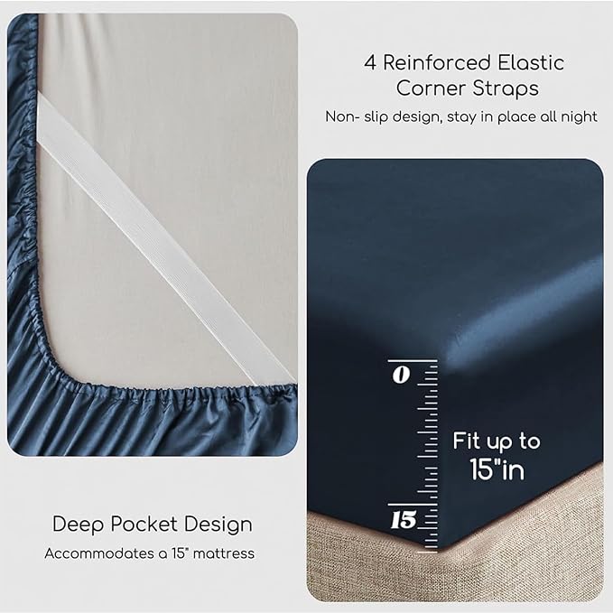 MR&HM Satin Bed Sheets with Elastic Corner Straps, King Size Sheets Set, 4 Pcs Silky Bedding Set with 15 Inches Deep Pocket for Mattress (King, Mood Indigo)