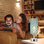 Hong-in Blue Crystal Table Lamp - 3-Way Dimmable Touch Control, Bedside Lamp with USB C and A Ports, Nightstand Light for Living Room, Bedroom, Home Office (Bulb Included)