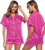 SWOMOG Womens Silk Satin Pajamas Set Short Sleeve Sleepwear Button Down Top and Shorts Loungewear 2 Piece Pjs Set XS-3XL