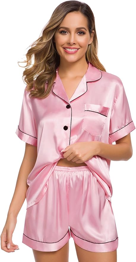 SWOMOG Womens Silk Satin Pajamas Set Short Sleeve Sleepwear Button Down Top and Shorts Loungewear 2 Piece Pjs Set XS-3XL