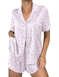 Ekouaer Womens Silk Satin Pajama Sets 2 Piece Button Down Silk Pjs Shorts Sets Cute Print Short Sleeve Sleepwear S-4XL