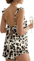 Ekouaer Satin Pajama Set for Women, Backless Silk Lingerie Pjs Back Tie-up Camisole Top and Shorts with Ruffle Sleepwear