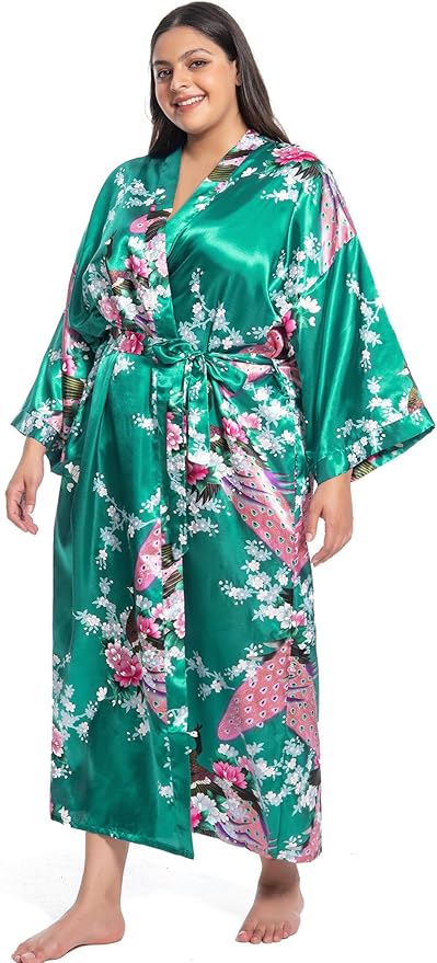 Women's Floral Long Satin Robes Plus Size Long Silk Robes Peacock Floral Kimonos Sleepwear Dressing Gown
