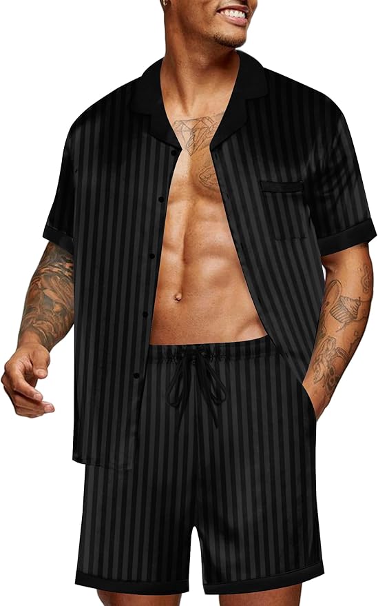 Ekouaer Men Satin Silk Pajamas Set with Pockets Sleepwear Shorts Satin Summer Loungewear 2 Piece Button Down Set S-3XL