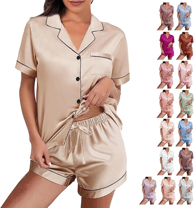 WJing Yi Jia Womens Silk Satin Pajamas Loungewear Two-Piece Sleepwear Button-Down Floral Pj Set XS-4XL