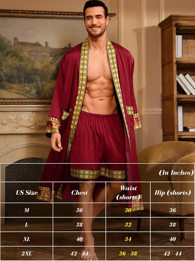 ChiaoLezhee Men's Luxury Silky Robe & Shorts Set, 2PC Lightweight Satin Pajamas with Pockets, Opulent Baroque Kimono Gifts