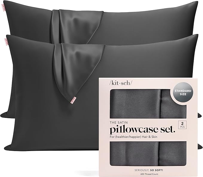 Kitsch Satin Pillowcase with Zipper for Hair & Skin - Softer Than Silk Pillow Cases, Smooth Cooling Satin Pillow Case, Wrinkle-Free, Machine Washable, Pillow Cases Standard Size 19x26 - Charcoal, 2pc
