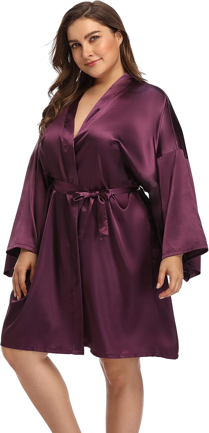 Women's Plus Size Short Satin Kimono Robes Sleepwear Bathrobes Silky Dressing Gown