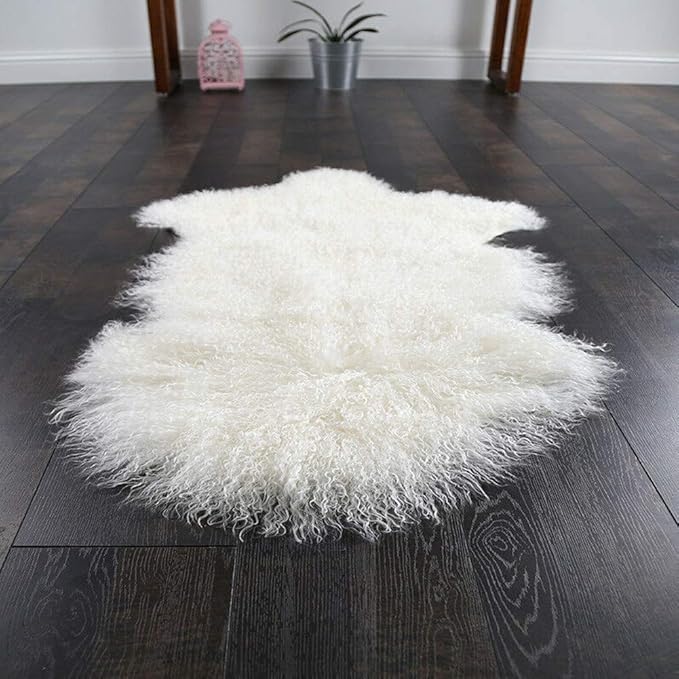 Genuine Tibetan/Mongolian Lambskin Sheepskin Hide Pelt Fur Throw Area Rug Plate Wool Carpet Sheep in Bedroom, Living Room 3.5x2Ft (White)