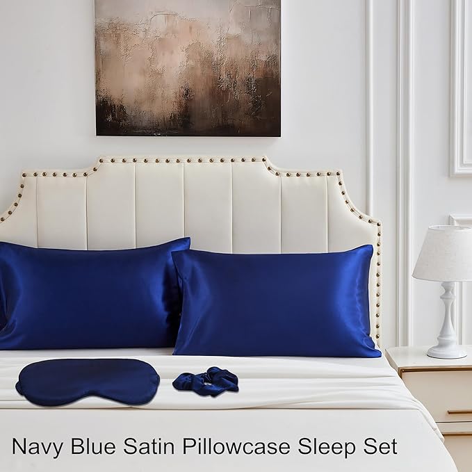 Satin Pillowcase for Hair and Skin, Soft and Cooling Vegan Silk Sleep Set-2 Satin Pillow Cases Queen Size, 1 Eye Mask, 1 Scrunchie, Self Care Essential Satin Night Routine Kit, Navy Blue
