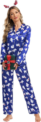 SWOMOG Womens Silk Satin Pajamas Set Long Sleeve Button Down Sleepwear 2 Piece Lounge Set Pj Set XS-3XL