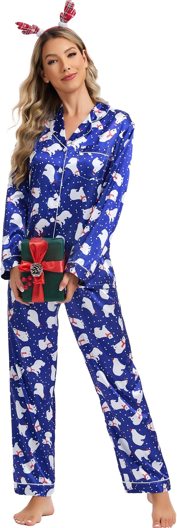 SWOMOG Womens Silk Satin Pajamas Set Long Sleeve Button Down Sleepwear 2 Piece Lounge Set Pj Set XS-3XL