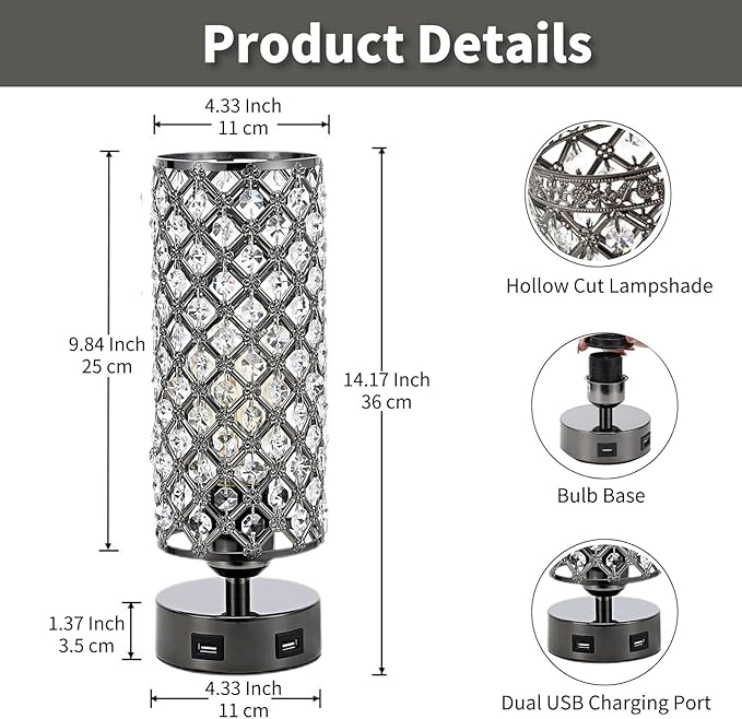 Crystal Table Lamps, Small Touch Desk Lamp Bedside Bedroom Lamp with 2 USB Charging Port Nightstand Night Light Room Decor for Kids Room, Home Office, Living Room,Bar, Restaurant (Black)