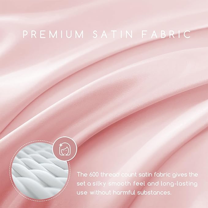 MR&HM Satin Bed Sheets, King Size Sheets Set, 4 Pcs Silky Bedding Set with 15 Inches Deep Pocket for Mattress (King, Light Pink)