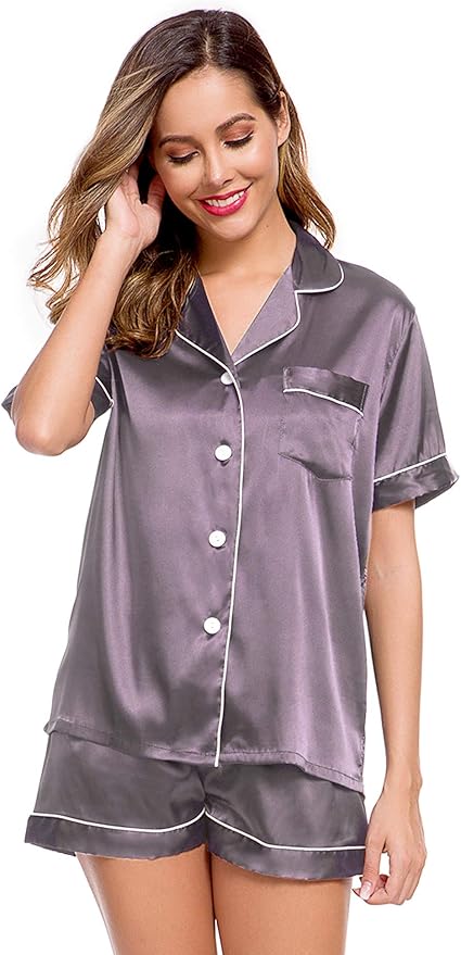 LecGee Womens Silk Satin Pajamas Short Sleeve Loungewear Two-Piece Sleepwear Button-Down Pj Set