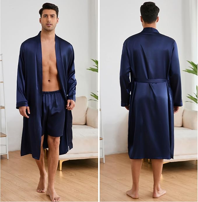 ZUEVI Men's Kimono Robe Set Silk Satin Long Sleeve Bathrobe with Shorts 2 PCS Sleepwear Pjs Sets