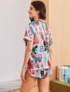 Ekouaer Womens Silk Satin Pajama Sets 2 Piece Button Down Silk Pjs Shorts Sets Cute Print Short Sleeve Sleepwear S-4XL