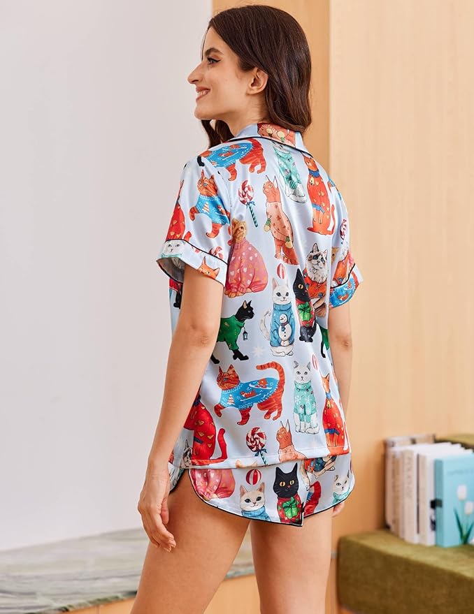 Ekouaer Womens Silk Satin Pajama Sets 2 Piece Button Down Silk Pjs Shorts Sets Cute Print Short Sleeve Sleepwear S-4XL