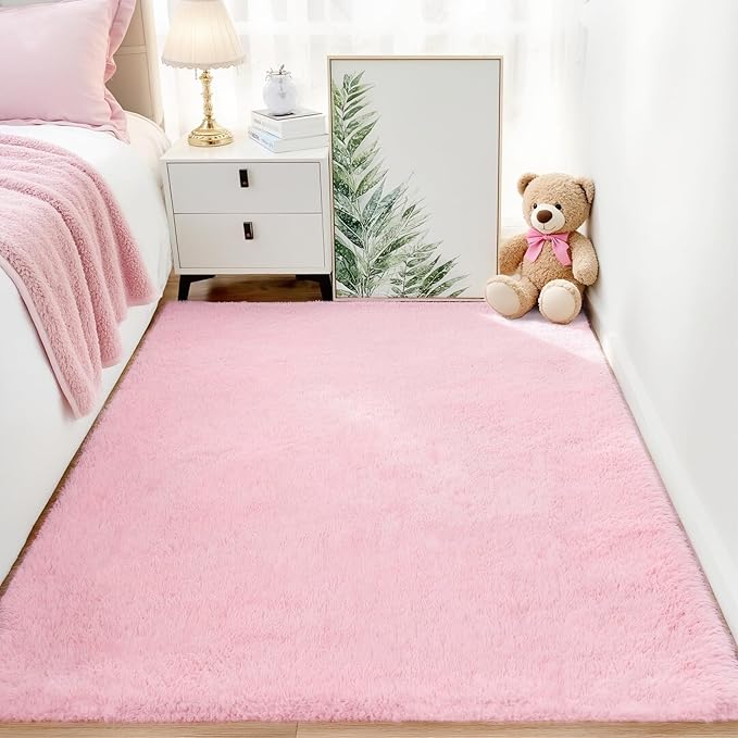 Shag Pink Rug, Rugs for Bedroom Girls Kids Room, 4x6 Ultra Soft Fluffy Area Rugs for Drom, Kids Room, Nursery, Study, Playroom, Easy Clean, Indoor Carpet for Living Room, Modern Carpet Décor