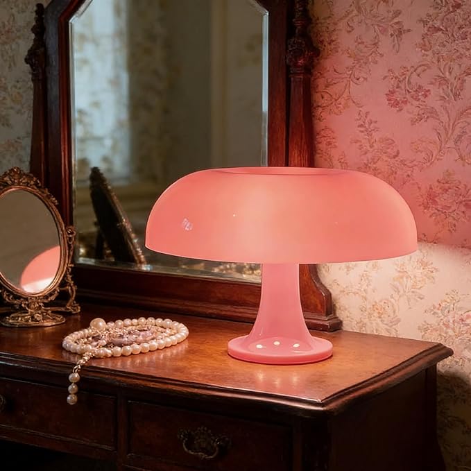 25W Pink Mushroom Lamp, LED Retro Table Lamp with 3 Color Temperatures and 4 Bulbs, Mid Century Modern Nightstand Light for Bedroom, Living Room, Office Aesthetic Decor, US Plug Powered, E14 Sockets