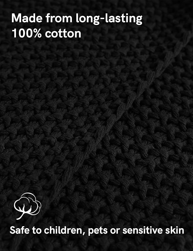 YnM Chunky Cotton Knit Throw Blanket, Cable Knit Throws for Bed Couch Sofa, Comfy & Relaxing, Decorative Piece for Farmhouse Modern Boho Rustic Scandinavian Chic Vibe, Black 80x87 Inches