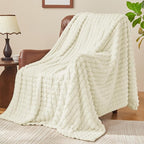 BEDELITE Cream Throw Blanket for Couch and Bed- Super Soft and Warm 3D Checkered Fluffy Fuzzy Fleece Blanket, Luxurious Plush Cozy Blanket for Room Decor Spring, 50x60 inches