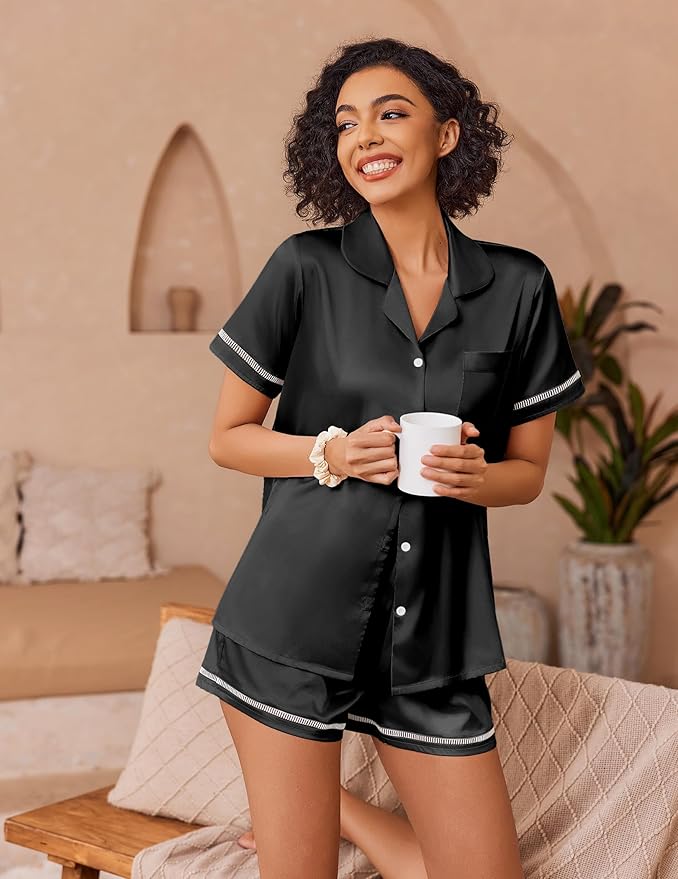 Ekouaer Womens Silk Pajama Sets Button Up Satin Pjs Short Sleeve 2 Piece Pj Sets Cute Lounge Sets with Chest Pocket