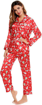 SWOMOG Womens Silk Satin Pajamas Set Long Sleeve Button Down Sleepwear 2 Piece Lounge Set Pj Set XS-3XL