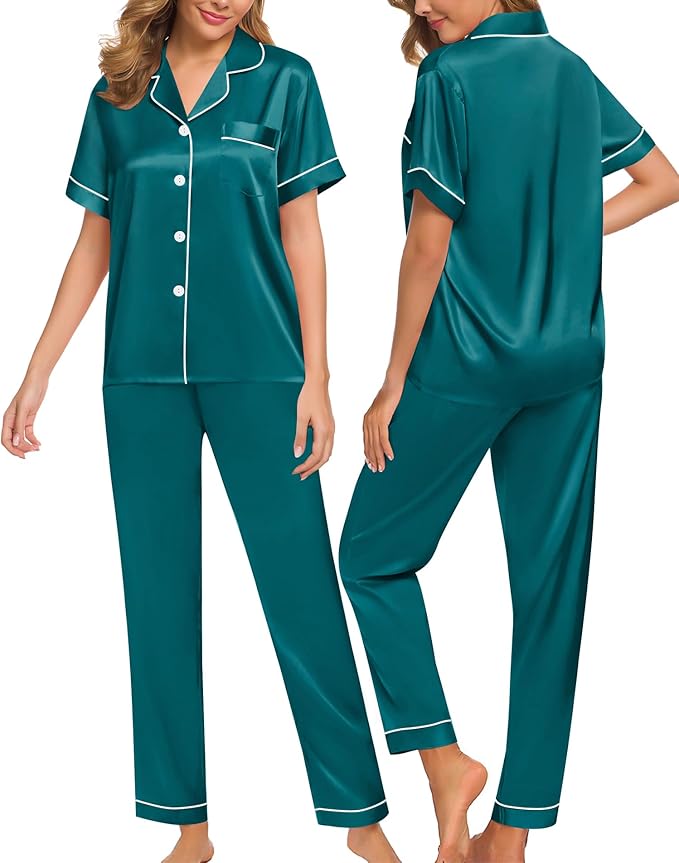 SWOMOG Women Satin Pajamas Set Short Sleeve Top & Pants Sleepwear Silky Button Down Nightwear 2pcs Loungewear Pjs Set