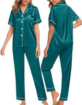 SWOMOG Women Satin Pajamas Set Short Sleeve Top & Pants Sleepwear Silky Button Down Nightwear 2pcs Loungewear Pjs Set