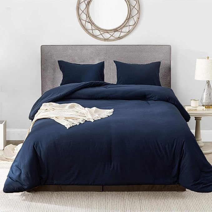 Luxlovery Navy Blue Comforter Set Full Men Boys Dark Blue Bedding Comforter Sets Navy Comfy Soft Blanket Quilts Cozy Breathable Solid Hotel Quality Bedding Comforter Set with 2 Pillowcase
