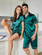 SWOMOG Womens Silk Satin Pajamas Set Short Sleeve Sleepwear Button Down Top and Shorts Loungewear 2 Piece Pjs Set XS-3XL