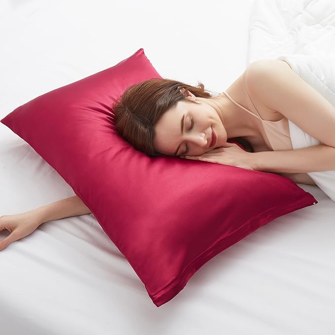 Satin Pillowcases with Zipper （20x30）,Queen Size Pillowcases Set of 2, Wine Red Silk Pillowcase for Hair and Skin
